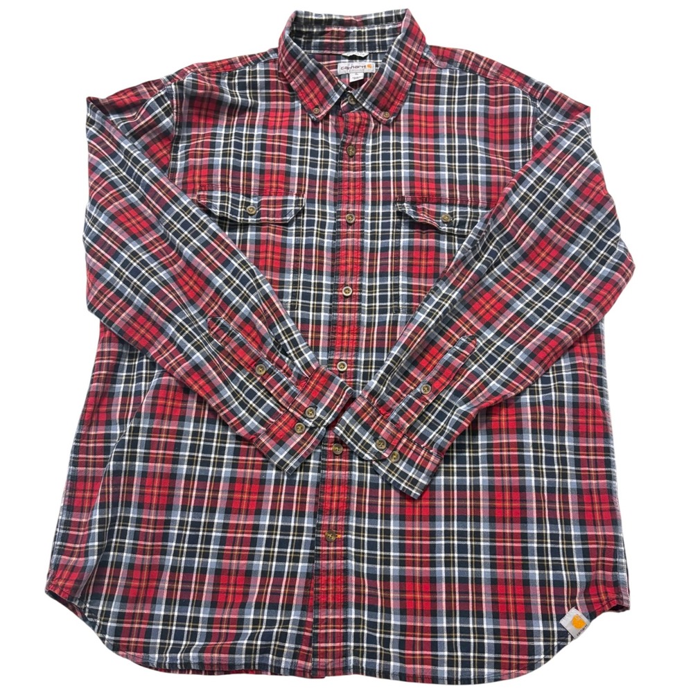 Carhartt Mens XL Shirt Red Navy Blue Plaid Relaxed Fit Flannel Button Down Fall
